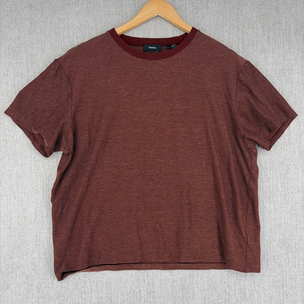 Theory Shirt Men Extra Large Burgundy‎ Milan Tee Micro Grid Check Crew Neck Boxy
